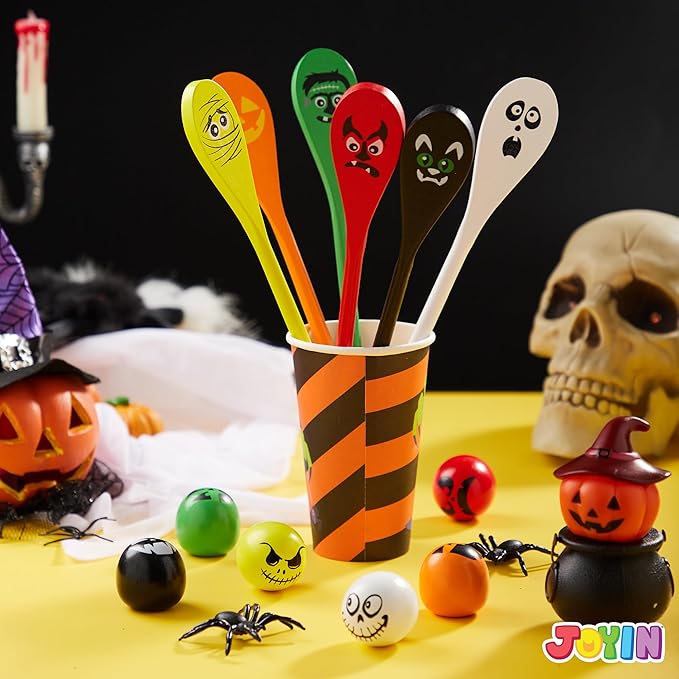 JOYIN 6 Pcs Halloween Egg and Spoon Race Game Set; Eyeballs and Spoons with Assorted Colors for Kids Adults Halloween Outdoor Fun Games, Party Favor Supplies, Classroom Activities