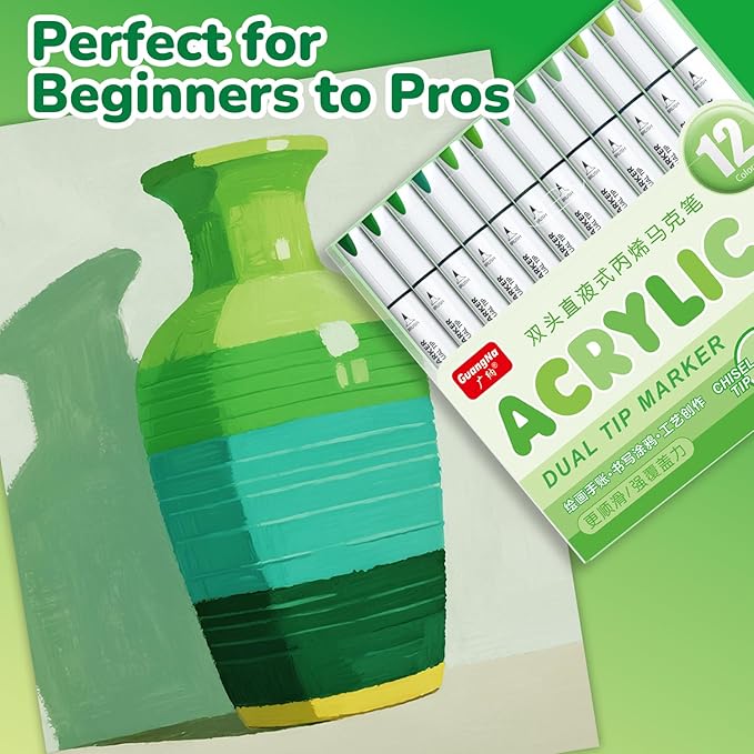 Guangna 12 Green Dual Tip Acrylic Paint Markers, Brush Tip & Chisel Tip Acrylic Paint Pens for Rock, Wood, Glass, Paper, Coloring Book, Ceramic, Canvas, Water-Based Ink