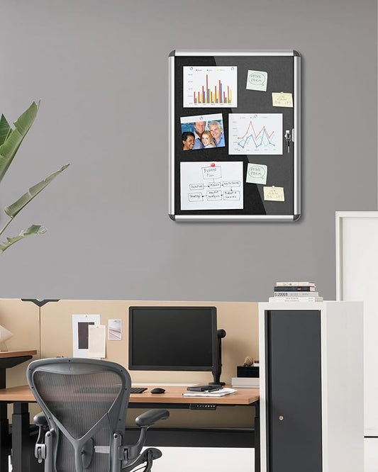 26"x20" Enclosed Bulletin Board, Lockable Weather-Resistant Aluminum Cork Noticeboard for School & Office, Silver Frame w/Black Flet