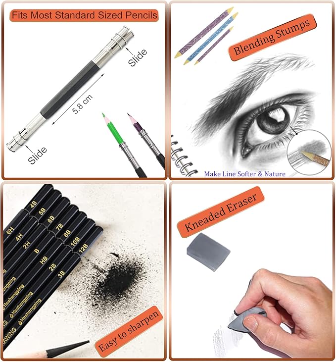 Heshengping Drawing Pencils Sketch Pencil Art Supplies Set for Kids Adults beginners Professional Sketching Art Graphite Charcoal Blending Stump Pencils kit