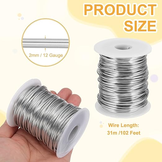 uxcell 12 Gauge / 2mm Anodized Aluminum Wire for Jewelry Craft Making, 102 Feet Bendable Flexible Wire for DIY Home Decor Gardening Sculpture, Silver