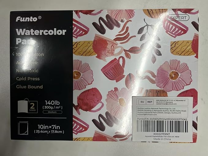 Funto Watercolor Pad, 10×7", 20 Sheets, 140lb/300gsm, 100% Cotton, Cold Press, Glue Bound, Double-Sided, Easy Tear Heavyweight Art Paper for Painting