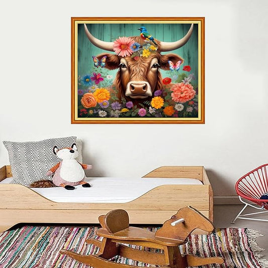 Foxdiviy Stamped Cross Stitch Kits for Beginners Full Range of Cross Stitching 11 CT Printed Cross Stitch Kits for Kids Adults Cross Stitch Patterns Needlepoint Kits-Colorful Cow Flowers 16x20 inch