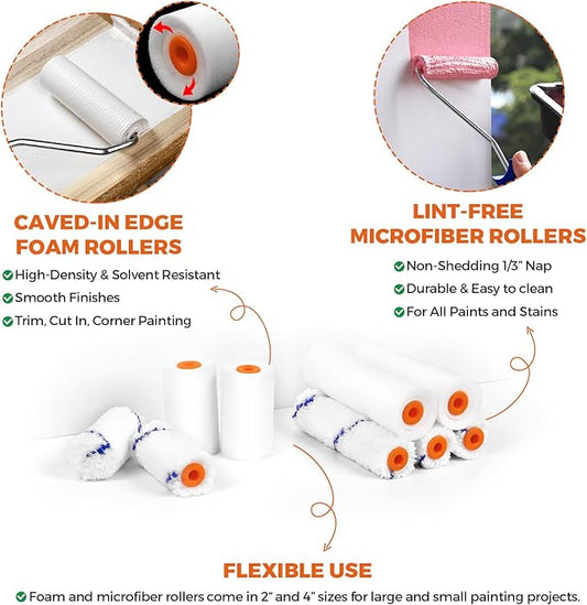 20pcs Small Paint Roller Kit, 4“ 2” Mini Roller Paint Brush with Special Caved-in Edge Foam, Microfiber Rollers and Versatile Paint Tray for Painting Walls, Cabinet, Touch up