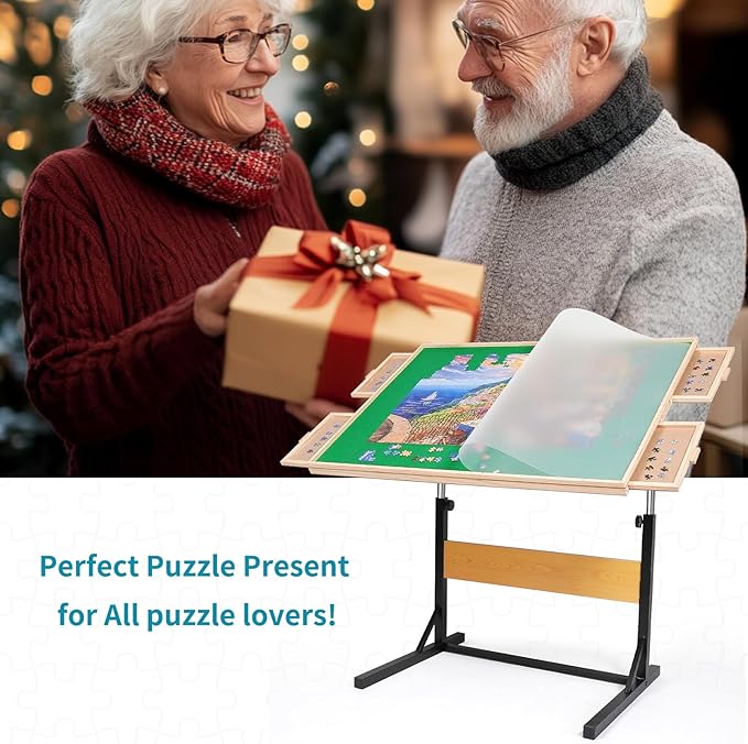 1500pcs Puzzle Table with Legs,34.25" x 25.2"Wooden Jigsaw Puzzle Board with 4 Drawers & Cover,Height Adjustment & Weight optimization