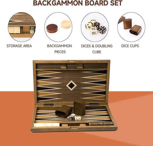 GSE Games & Sports Expert Premium Wooden Folding Inlay Backgammon Board Set, Classic Traditional Strategy Board Games (Star- 17 Inches)