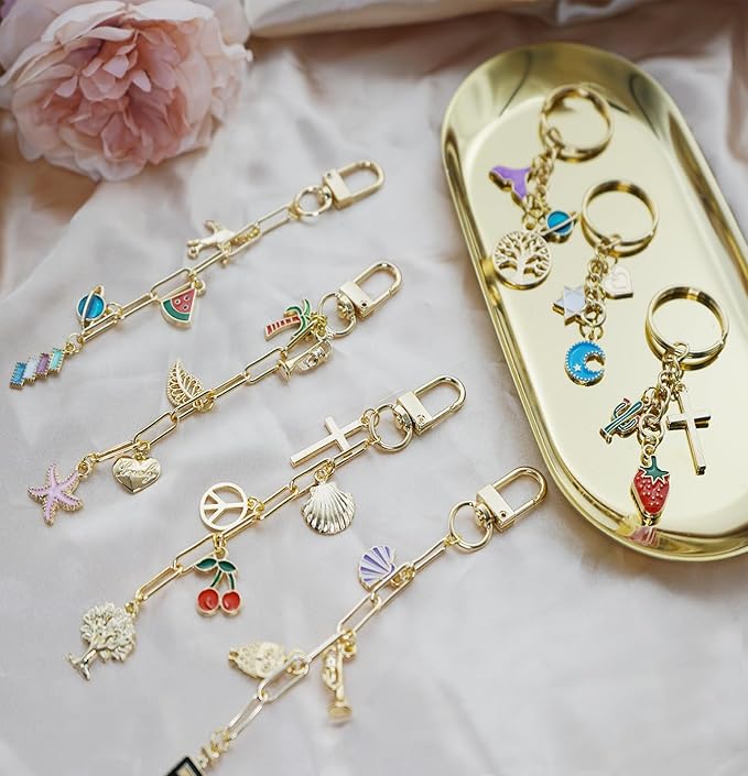 MORWLAT 281 PCS Gold DIY Keychain Making Kit Cute Bag Charm Kit 60 Charms 8 Keychain Clips with Key Ring Swivel Snap Hook Lobster Claw Clasps 200 Jump Ring Jewelry Plier DIY Set Women Craft (60)