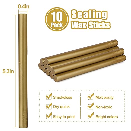 Gun Glue Sealing Wax Sticks for Wax Seal Stamp - Metallic Antique Gold, Great for Wedding Invitations, Cards Envelopes, Snail Mails, Wine Packages, Christmas Gift Ideas, Pack of 10