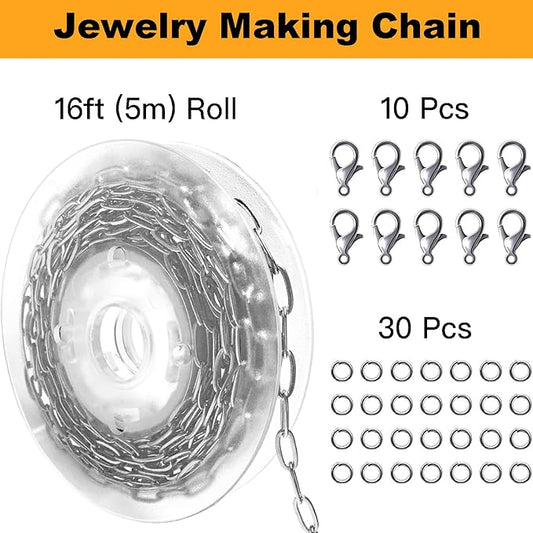 Jishi 16ft Paperclip Chain 4mm Silver Stainless Steel Paper Clip Link Chain Roll for Necklaces Jewelry Making Bracelet Craft Supplies DIY Earring Findings - Metal Jewelry Making Chain Links Bulk