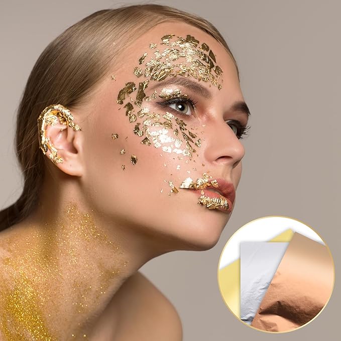 150 Pcs Gold Leaf Sheets for Art 3 Colors Gold Foil Sheets 5.5" X 5.5" Golden Flakes with Tweezer and Brush for Arts Gilding Crafting Painting Furniture Decoration Golden Silver Rosegold