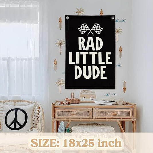 Race Car Room Decor, Rad Little Dude Linen Canvas Banner for Boy Room Decor, Playroom Toddler Boys Bedroom Kidsroom Decor 18x25 Inch