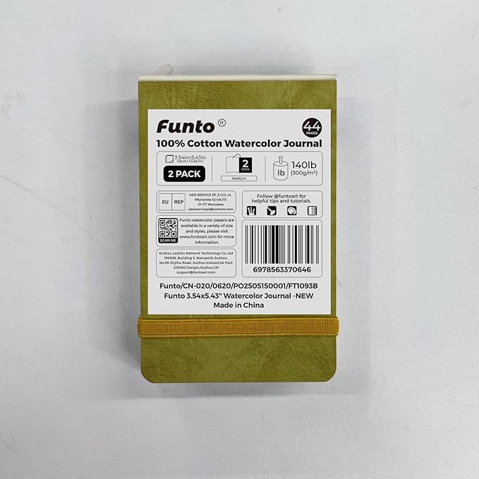 Funto Watercolor Journal 2-Pack, 3.5x5.5, 44 Pages Each, 100% Cotton Hot Press, PU Leather Green Hard Cover, Art Supplies for Mixed Media