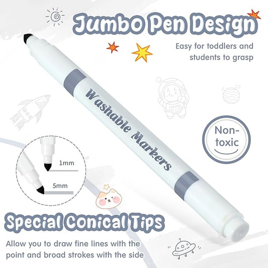 18 Pcs Line Washable Markers Bulk Grey Fine Tip Markers Set Coloring Thin Tip Drawing Washable Pen for Kids Art School Classroom Back to School Gender Reveal Party Supplies, Ages 6+