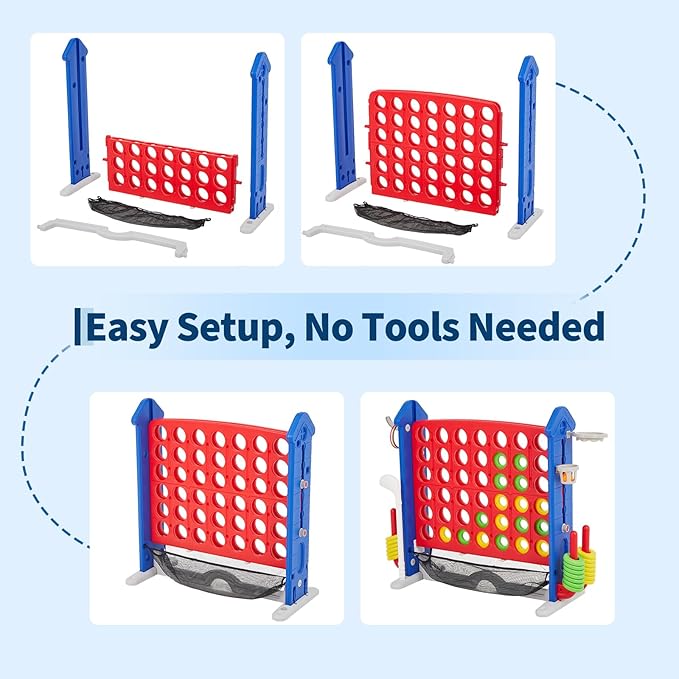 Giant 4 in a Row Game,Adjustable Height Board Jumbo 4-in-a-Row Game with Quick-Release Slider,Mini Basketball,Golf & Ring Toss Set for Family Party, Outdoor & Indoor