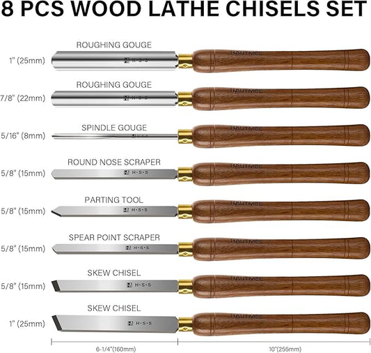 HAUTMEC Pro HSS Wood Lathe Turning Chisel Set 8 Pcs, Lathe Chisel Set with 3 Gouge 2 Skew 1 Spear Point 1 Parting 1 Round Nose Tools with 1680D Tool Bag for Professionals and Beginners - HTWCH25028