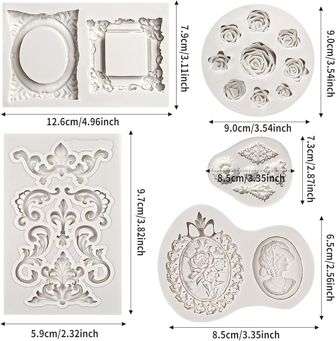 Growtail Vintage Frame Fondant Silicone Molds - Baroque & Rose Flower Designs for Chocolate Cake Decoration & Cupcake Toppers