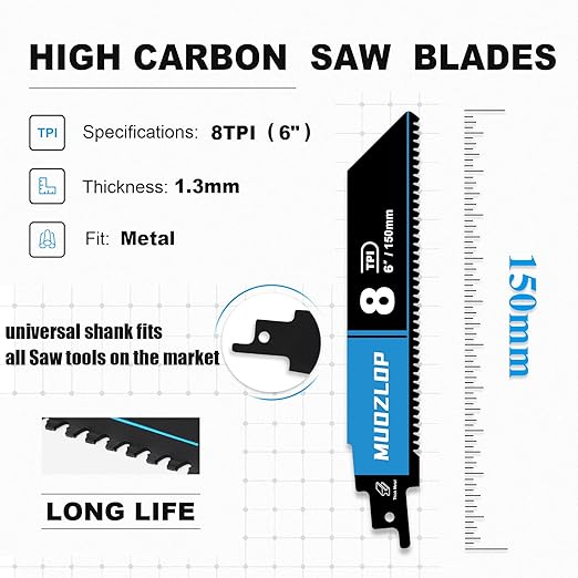 10 Pack 6 inch Reciprocating Saw Blades Set,8 TPI High Carbon Saw Blades for Metal ,Saw Blades with Organizer Case (10, 8T/6inch)