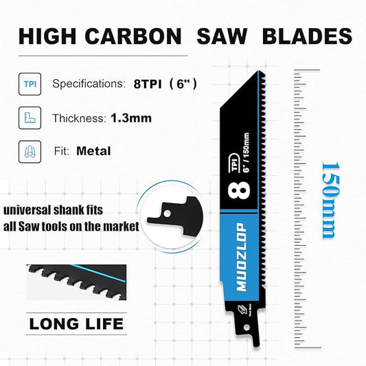 3 Pack 6 inch Reciprocating Saw Blades Set,8 TPI High Carbon Saw Blades for Metal ,Saw Blades with Organizer Case (3, 8T/6inch)