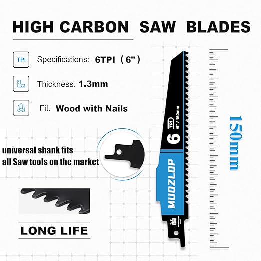 1 Pack 6 inch Reciprocating Saw Blades Set,6 TPI High Carbon Saw Blades for Wood with Nails ,Saw Blades with Organizer Case (1, 6T/6inch)