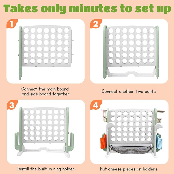 Giant 4 in a Row Connect Game with Mesh Fabric | Height Adjustable 4-in-1 Jumbo 4-to-Score Yard Game Set with Basketball, Golf & Ring Toss | Outdoor Indoor Family Yard Party Game for Kids & Adults
