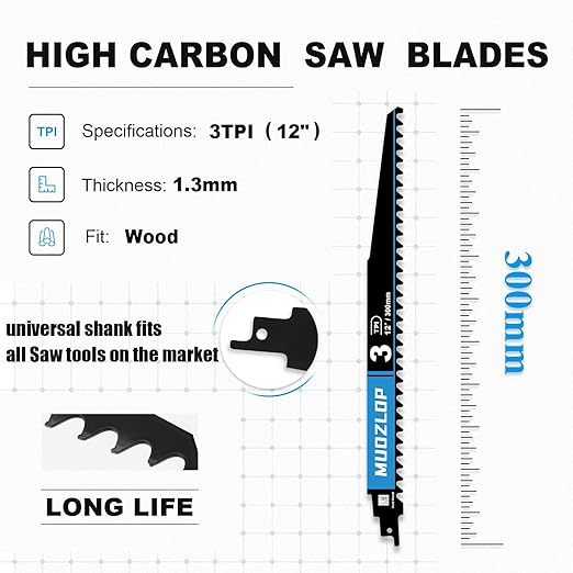 2 Pack 12 inch Reciprocating Saw Blades Set,3 TPI High Carbon Saw Blades for Wood Cutting ,Saw Blades with Organizer Case (2, 3T/12inch)