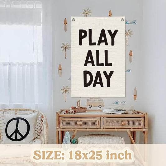 Playroom Wall Decor Linen Canvas Banner,Play All Day Wall Hanging Flag Banner for Kids Nursery and Playroom Wall Decor,Stylish Room Decor for Boys and Girls 18x25 Inch