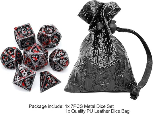 Haxtec Bloodstained Metal DND Dice Set Antique Iron Blood D&D Dice Set Dragon Scale with Leather Dice Bag Bloodsplattered Metal Polyhedral Dice Compatible with Dungeons and Dragons TTRPG Gifts