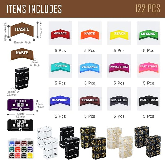 122PCS MTG Keyword Tokens & Dice & Life Counter Set for MTG Accessories, Health Tracker Life Counter Bulk Ability MTG Dice Set, Compatible with TCG CCG Magic Card Gaming Accessories
