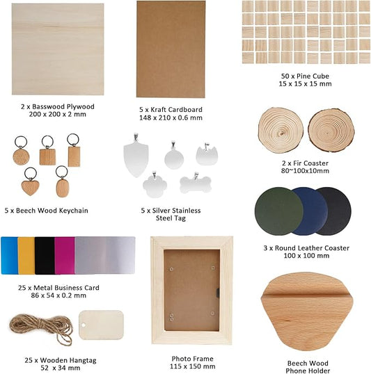 OUYZGIA Laser Engraving Material Box kit, 124 Pcs of DIY Materials for Laser Engraver with Metal Business Cards Wooden Cubes Plywood Dog Tags Photo Frames Keychains Hang Tags Leather Coasters