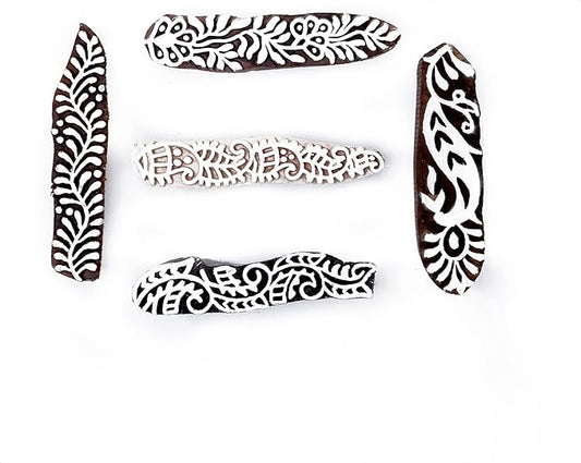 Hashcart | Set of 5 | Mehndi Print Blocks Border Pattern Wooden Stamp, Handcarved Indian Textile Printing Blocks for Crafting on Fabric Clay & Henna Tattoo Saree Border Paper Print Pottery Stamps