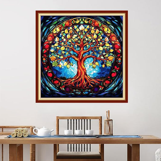 Foxdiviy Stamped Cross Stitch Kits for Beginners Full Range of Cross Stitching 11 CT Printed Cross Stitch Kits for Kids Adults Cross Stitch Patterns Needlepoint Kits-Magic Tree 18x18 inch