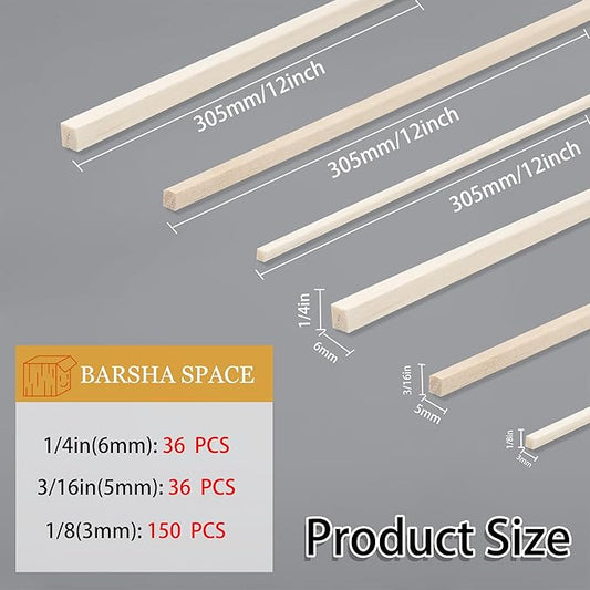 222Pcs Balsa Wood Sticks,Wood Strips Balsa Square Wooden Dowels Hardwood Unfinished Wood Sticks for Crafts DIY Projects Models Making Supplies (1/8in+3/16in+1/4in 222pcs)