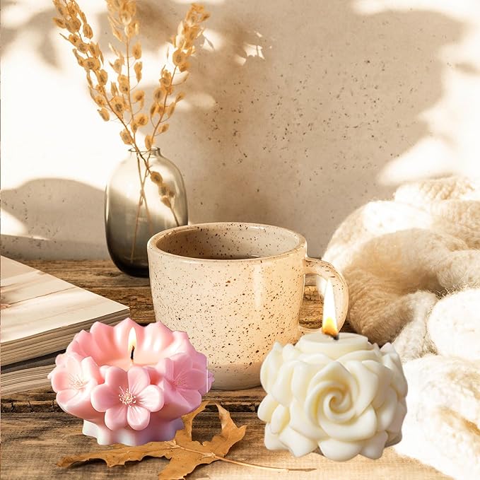 2 Pack Candle Molds Rose Flower Column Silicone Molds, Flower Candle Making Molds Including 6 PCS Flower Silicone Candle Mold, Silicone Molds for Soy Wax, Beeswax etc. (Roses and Cherry Blossoms)