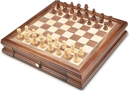 AMEROUS 12.8" x 12.8" Magnetic Wooden Chess Set with 2 Built-in Storage Drawers - 2 Bonus Extra Queens - Gift Packaging - Staunton Chess Pieces, Board Games Chess Sets for Adults and Kids