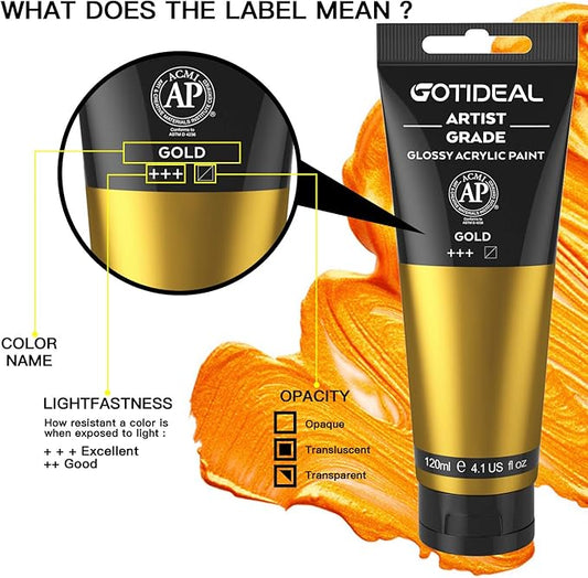 GOTIDEAL Acrylic Paint Metallic Gold 24K Tubes(120ml, 4.1 oz) Non Toxic Non Fading,Rich Pigments for Painters, Adults & Kids, Ideal for Canvas Wood Clay Fabric Ceramic Craft Supplies (Gold)