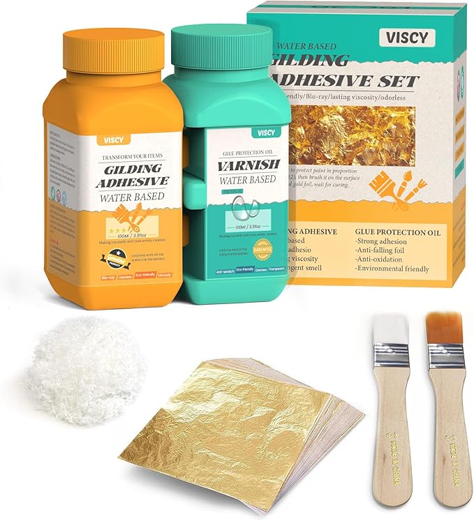 Gold Leaf Adhesive, Gilding Adhesive Set with 100ml Water Based Metal Leaf Glue and 100ml Varnish, 100 pcs Foil, 2 Brushes, Foil Wiping Cotton, for Arts, Crafts and Painting.