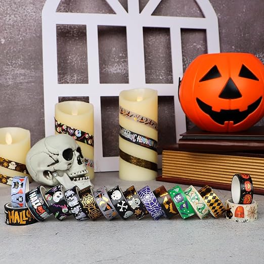 16 Rolls Halloween Washi Tape Holiday Masking Tape Stickers Glod Foil Decorative Tape for Scrapbook Journal DIY Craft Gift Wrapping(Halloween