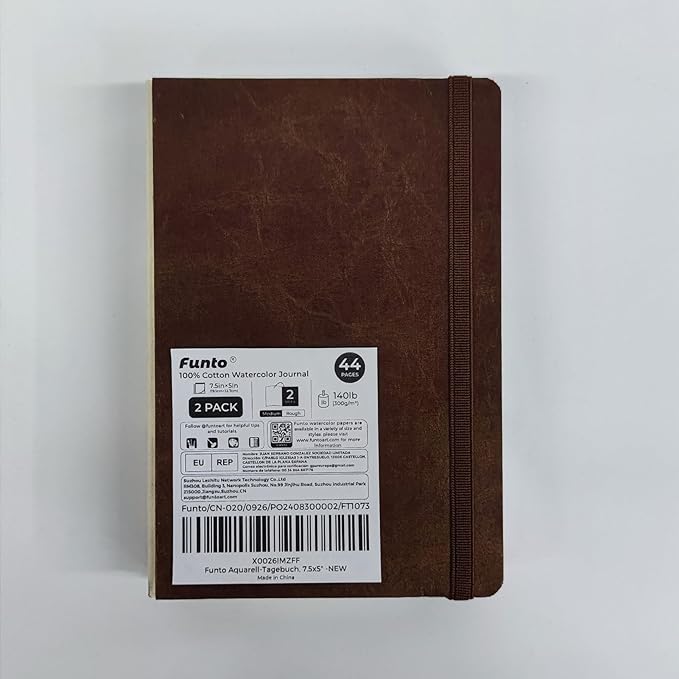 Funto Watercolor Journal, 7.5x5, 2 Packs, 44 Pages Each, Cold-Pressed 100% Cotton, Pearlescent PU Leather Brown Cover, Art Supplies for Mixed Media