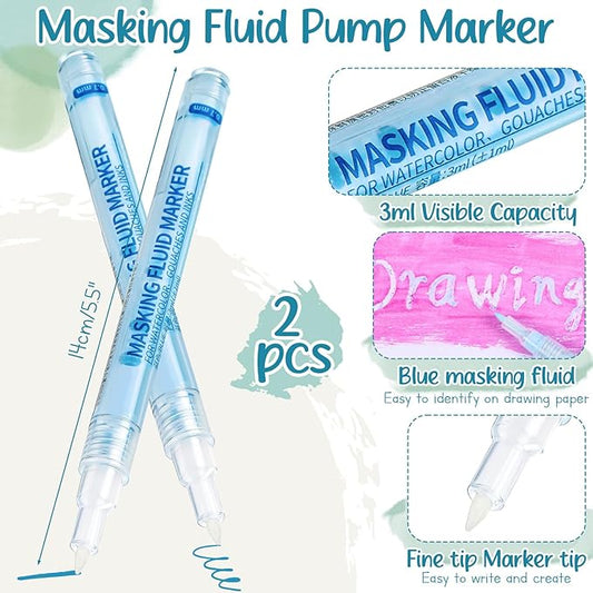 2 Pcs Masking Fluid Pen for Watercolor Painting, Capacity with Applicator Tip, Masking Fluid Marker for Various Art Projects Watercolor Ink (Blue,0.7mm)