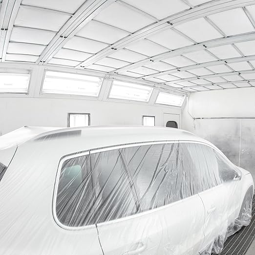 HARFINGTON Pre-Taped Masking Film 43.3" x32.8ft Double Adhesive Tape and Drape Painters Plastic Drop Cloth Film with Tape Plastic Sheeting for Automotive Painting Covering