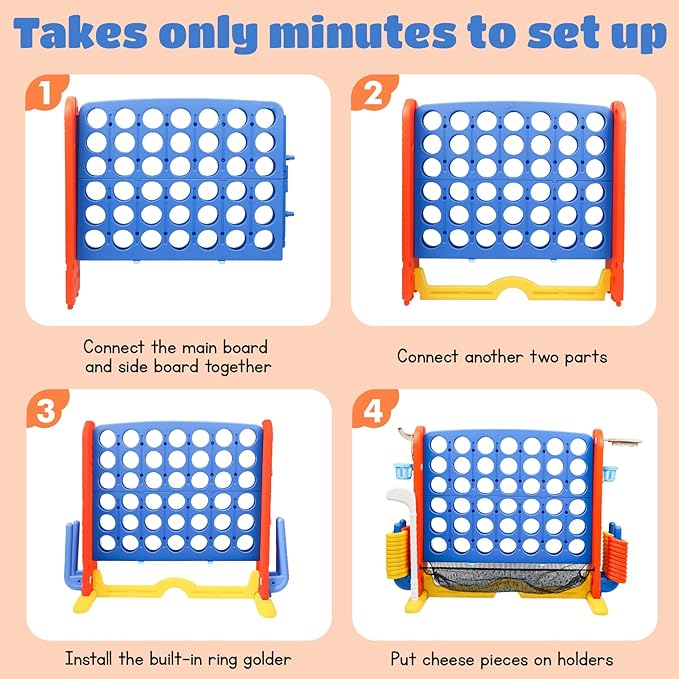 Giant 4 in a Row Connect Game with Mesh Fabric | Height Adjustable 4-in-1 Jumbo 4-to-Score Yard Game Set with Basketball, Golf & Ring Toss | Outdoor Indoor Family Yard Party Game for Kids & Adults