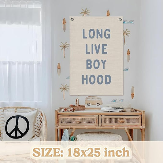 Blue Long Live Boyhood Linen Canvas Banner,Boy Room Decor,Nursery Playroom Wall Decor For Boys Bedroom Toddler Decorations Teen Boy Room Decor Wall Hanging Flag Banner 18x25 Inch