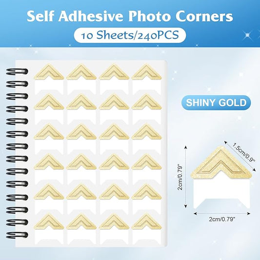 GOONAVI 10 Sheets 240 PCS Shiny Gold Acid-Free Photo Corners Notebook, Self-Adhesive Photo Corners for DIY Photo Album Journal, Photo Corner Stickers for Trip Journal Memory Book