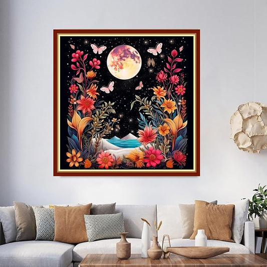 Foxhool Beginners Cross Stitch Kits Stamped Full Range of Embroidery Kits for Adults DIY Cross Stitches kit Embroidery Patterns for Needlepoint kit-Colorful Flower Moon 17.7x17.7 inch