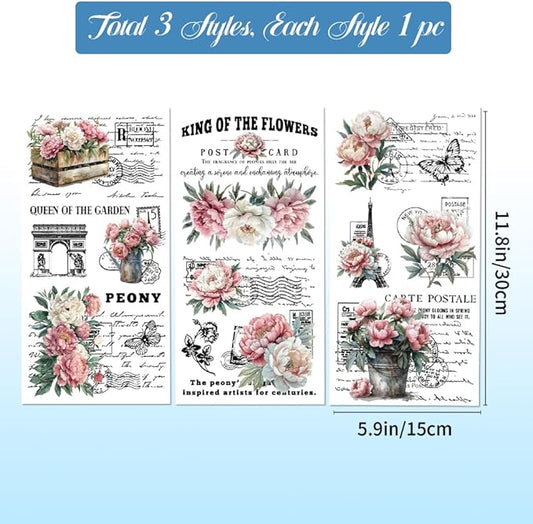 GLOBLELAND 3 Sheets Vintage Pink Peony Background Furniture Transfer 6x12inch Retro Romance Text Rub on Transfer Self-Adhesive Wall Art Decals for Bedroom Living Room Desk Table Decoration