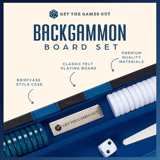 Get The Games Out Top Backgammon Set - Classic Board Game Case - Best Strategy & Tip Guide - Available in Small, Medium and Large Sizes (Blue, Large)