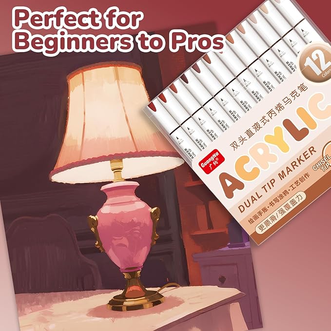 Guangna 12 Red Brown Dual Tip Acrylic Paint Markers, Brush Tip & Chisel Tip Acrylic Paint Pens for Rock, Wood, Glass, Paper, Coloring Book, Ceramic, Canvas, Water-Based Ink