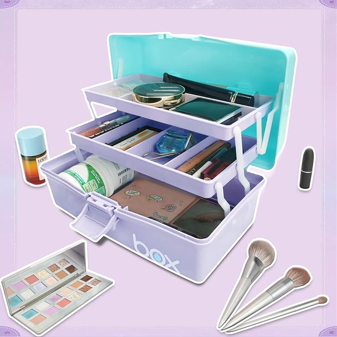 12in Three-Layer Multipurpose Storage Box Organizer Folding Tool Box/Art & Crafts Case/Sewing Supplies Organizer/Medicine Box/Family First Aid Box with 2 Trays (Purple Blue)