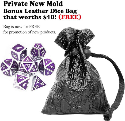 Haxtec Metal DND Dice Purple Silver with PU Leather Dice Bag D&D Dice Set for RPG Compatible with Dungeons and Dragons Gifts TTRPGs-Silver Royal Purple