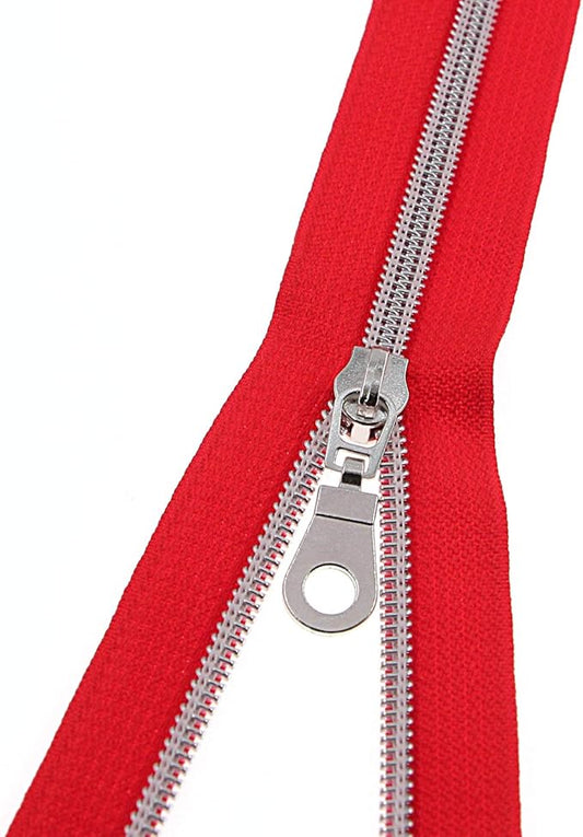 #5 Silver Metallic Nylon Coil Zippers by The Yard Bulk 10 Yards Red Tape with 25pcs Silver Sliders for DIY Sewing Tailor Craft Bag Leekayer(Red)